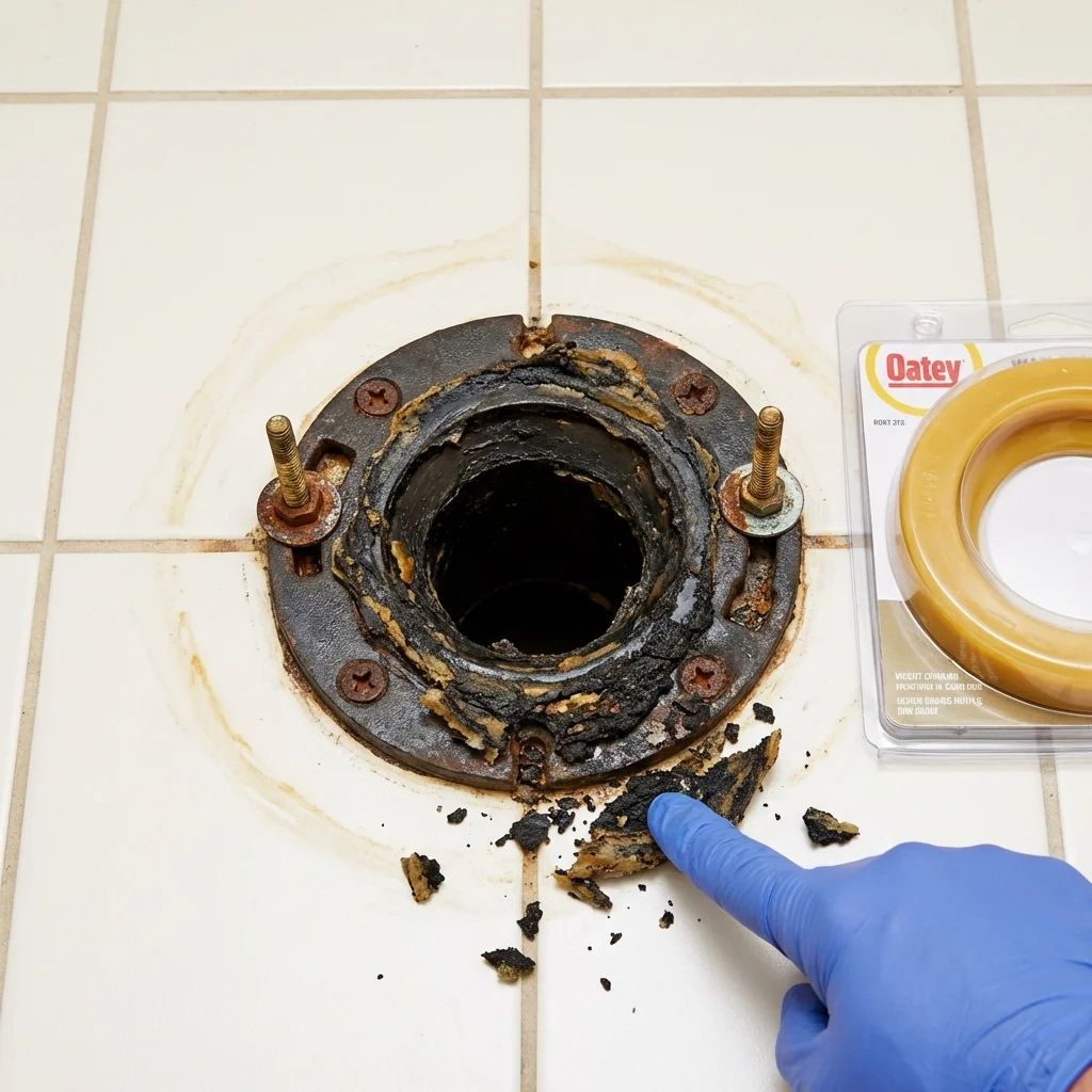 Failed wax ring showing water seepage at the base of a toilet in a Henderson, TX home