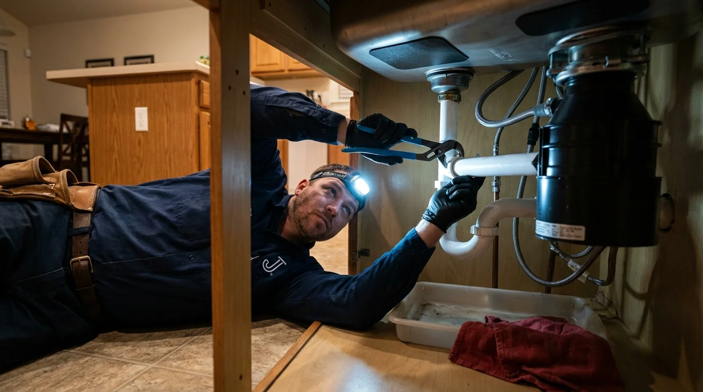 P-trap and supply line connections under a kitchen sink showing a common leak point in Henderson, TX